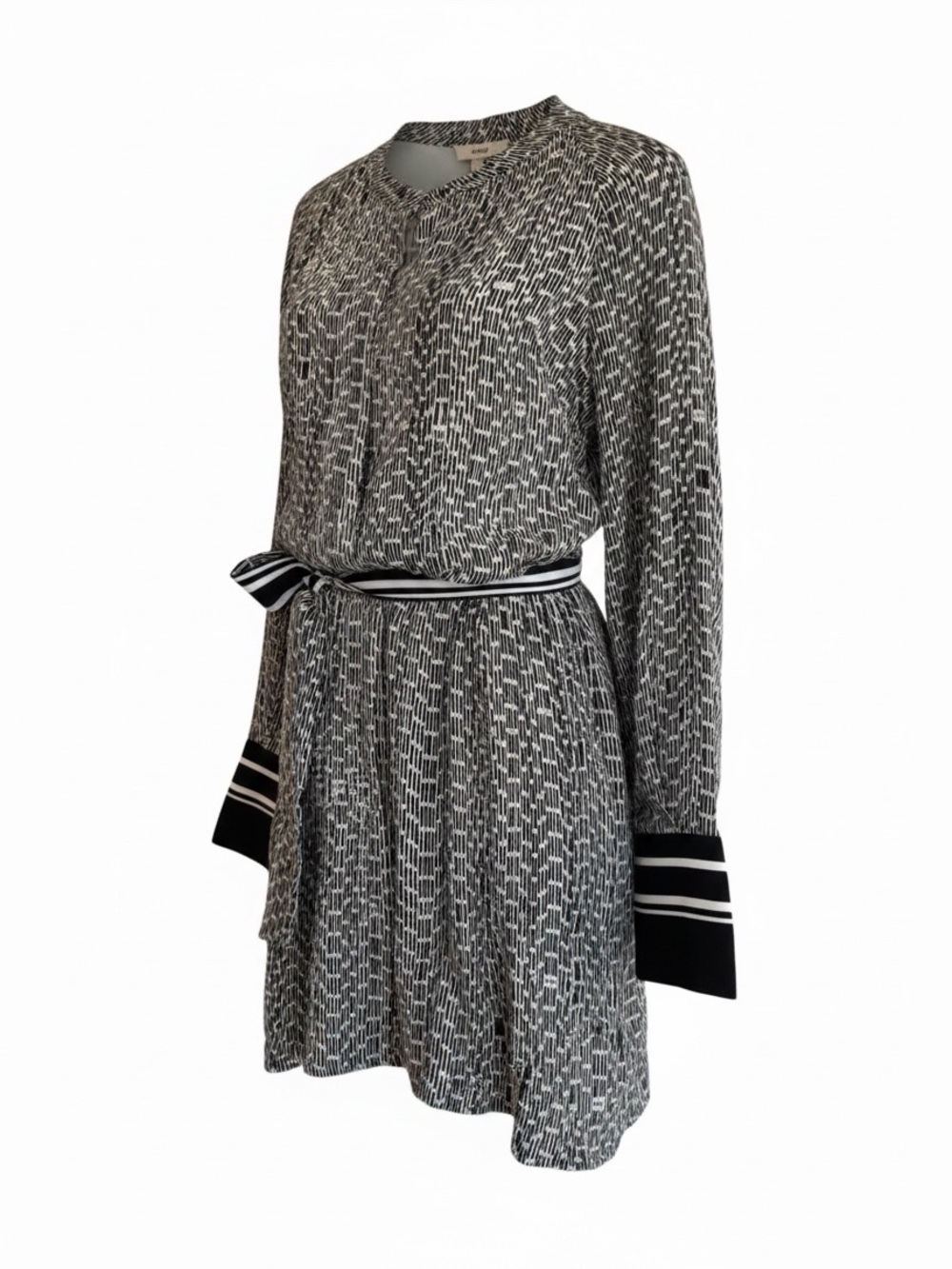 Reiss Laria Flippy Mini Dress -Black & White Printed Long-Sleeve Tie-Waist Dress - Picture 5 of 11